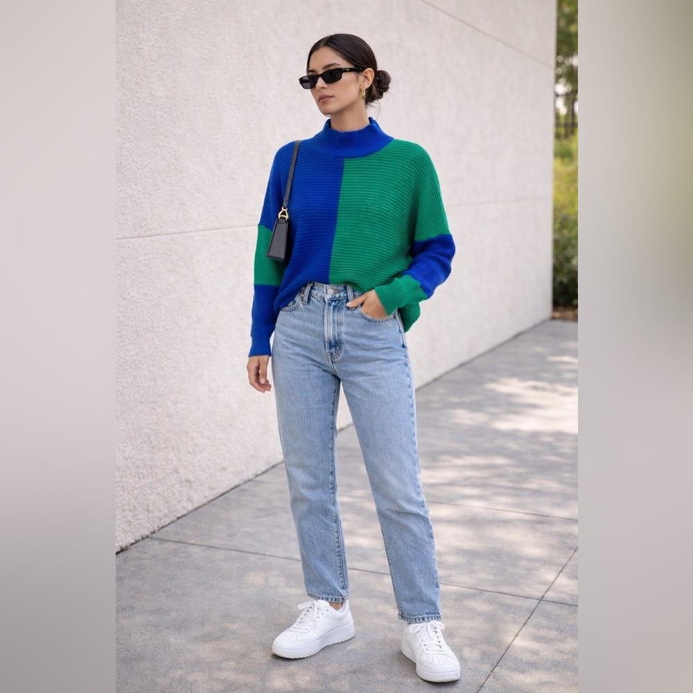 Cozy oversized Color-block Knit Sweater Blue Green - Hilos de Púrpura - Large